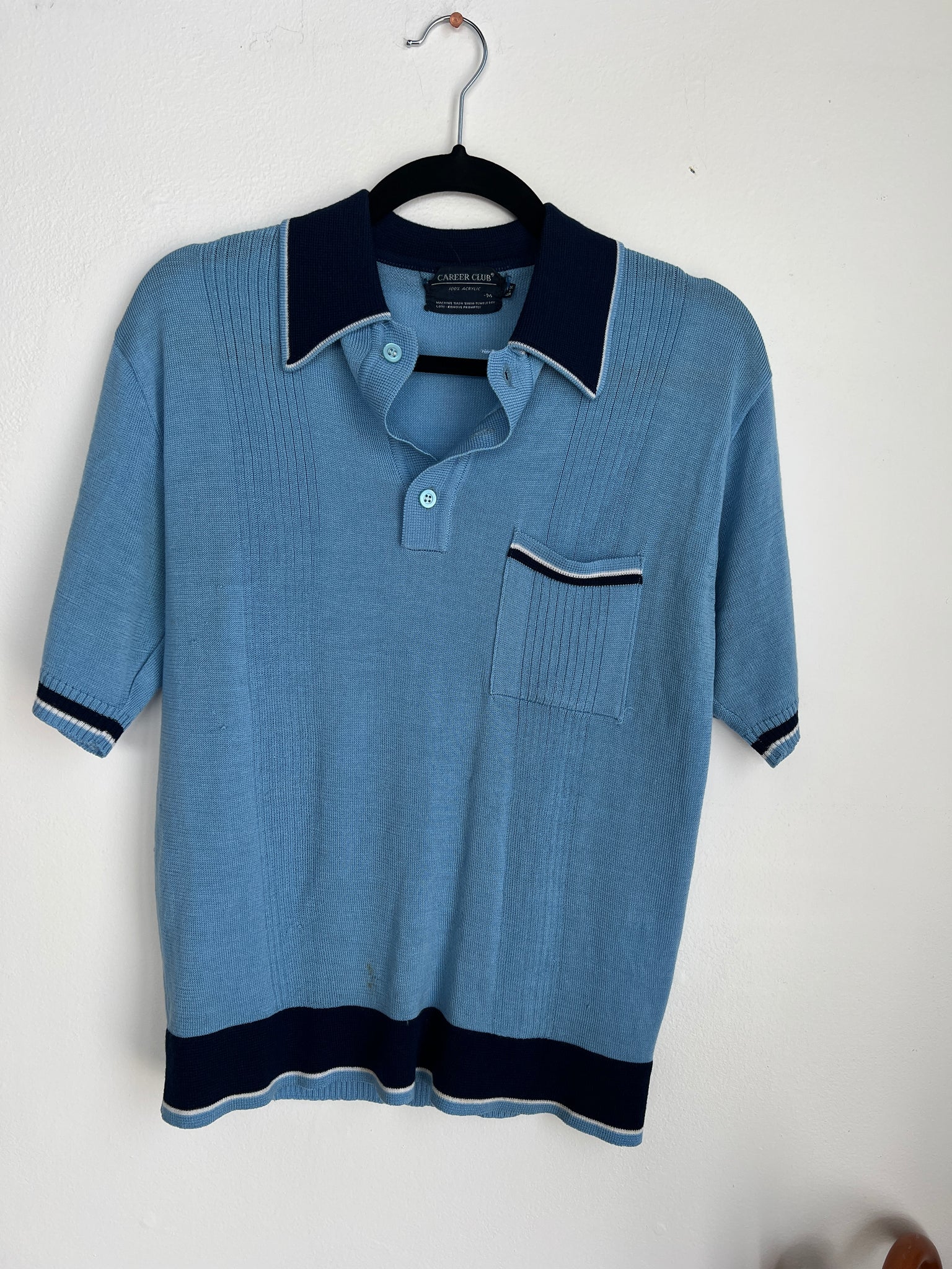 1960s MENS TOP- blue collared s/s knit