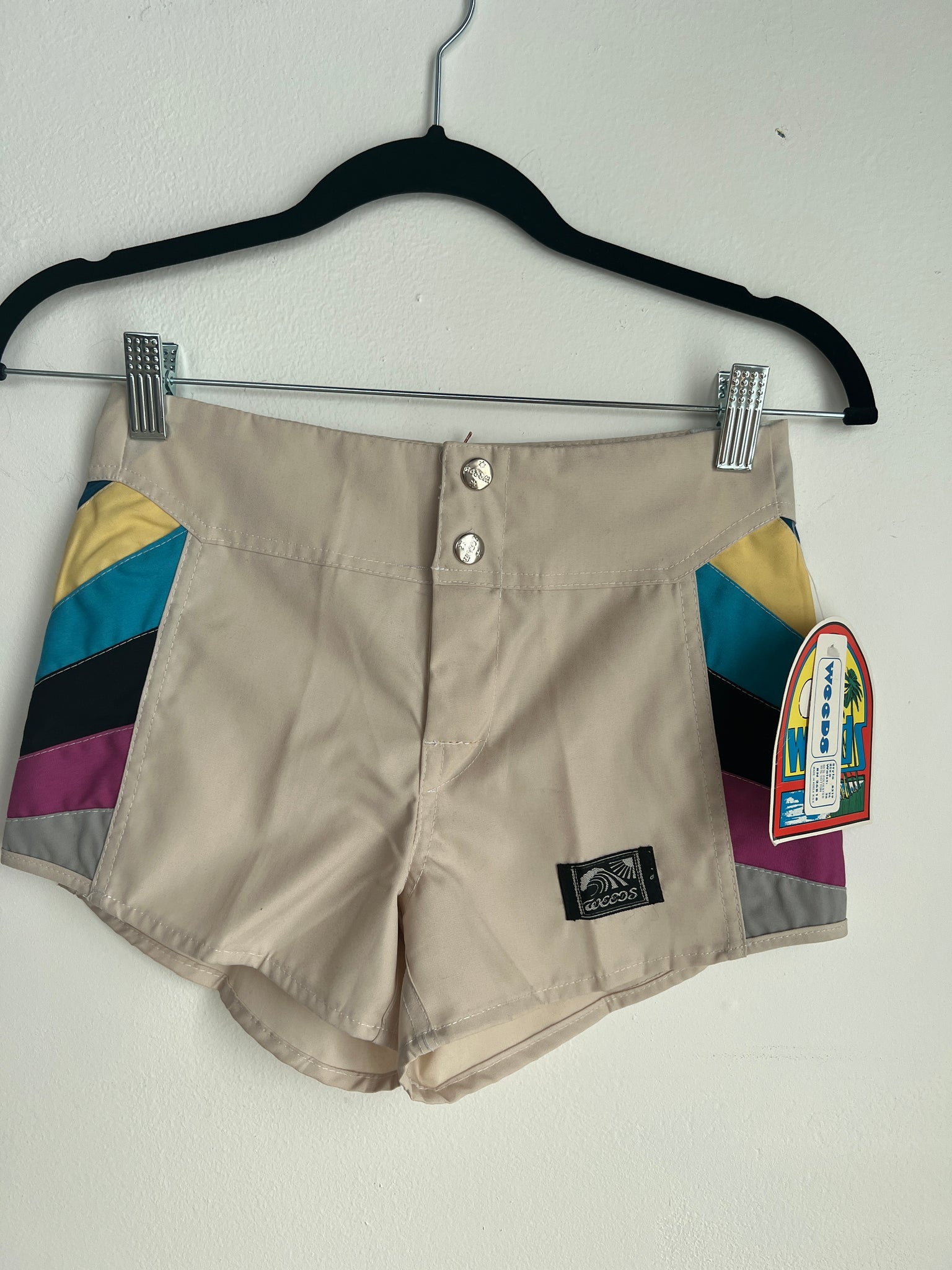 1970s SHORTS- WEEDS boardshorts cream/color block accents