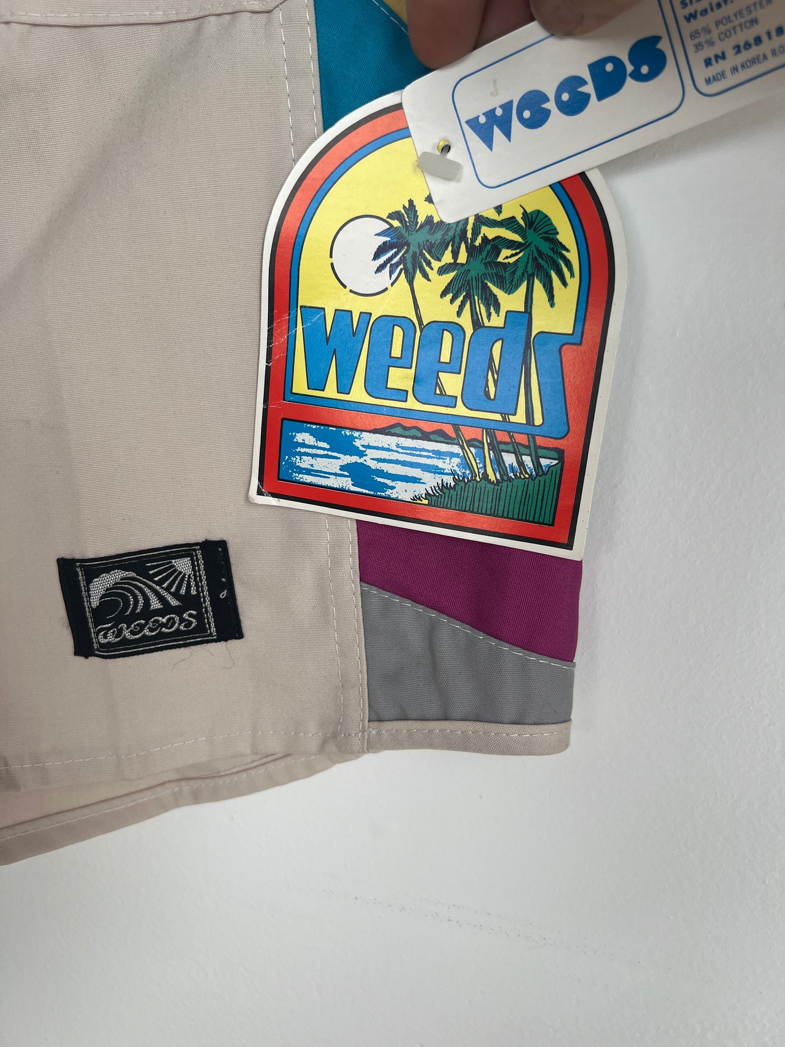 1970s SHORTS- WEEDS boardshorts cream/color block accents