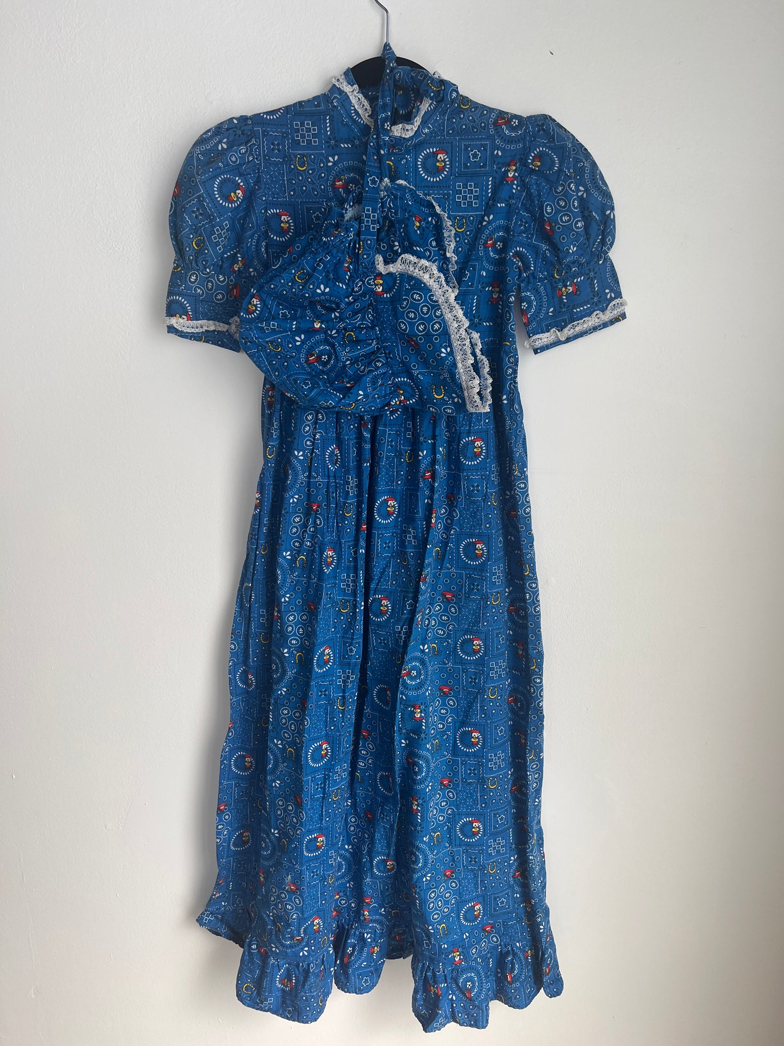1960s KIDS DRESS- cottage core blue print maxi w/ Bonnet