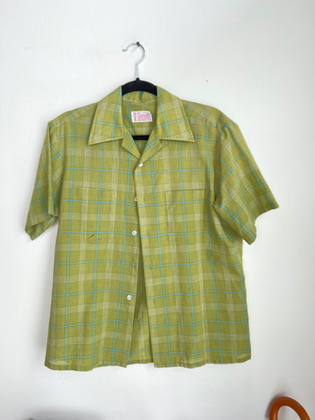 1950s MENS TOP- green /blue plaid s/s