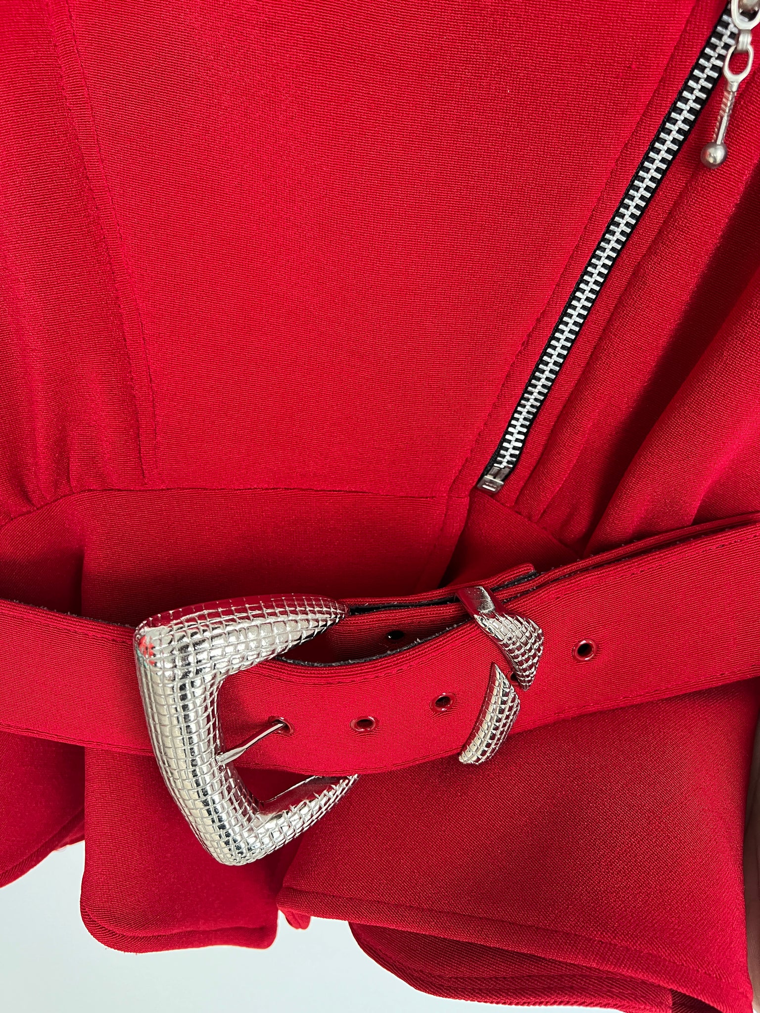1980s JACKET- Tadashi Red studded motorcycle jacket w/ belt
