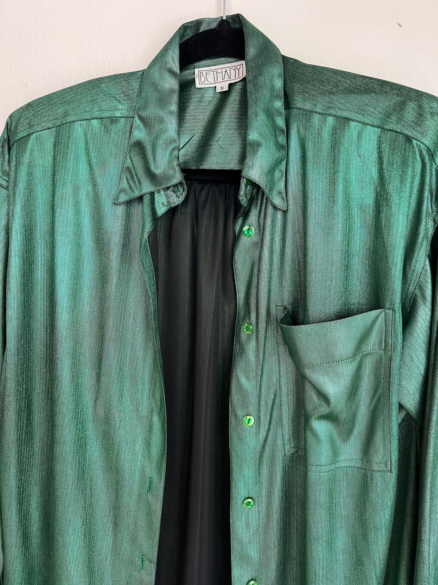 1990s TOP- Bethany green lame buttondown l/s