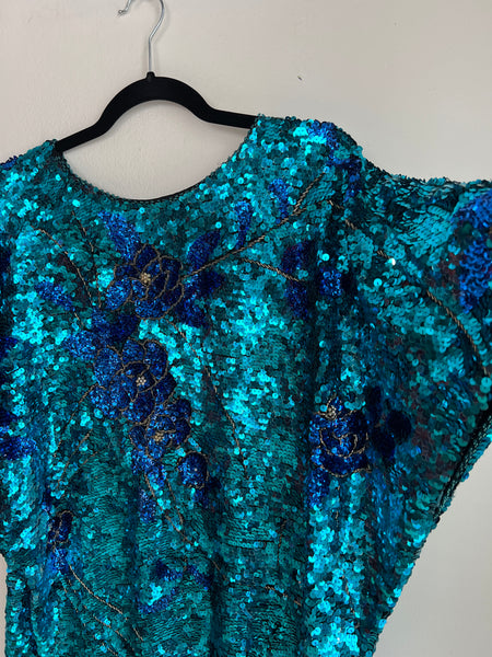 1980s TOP- Clever Fingers blue sequin disco