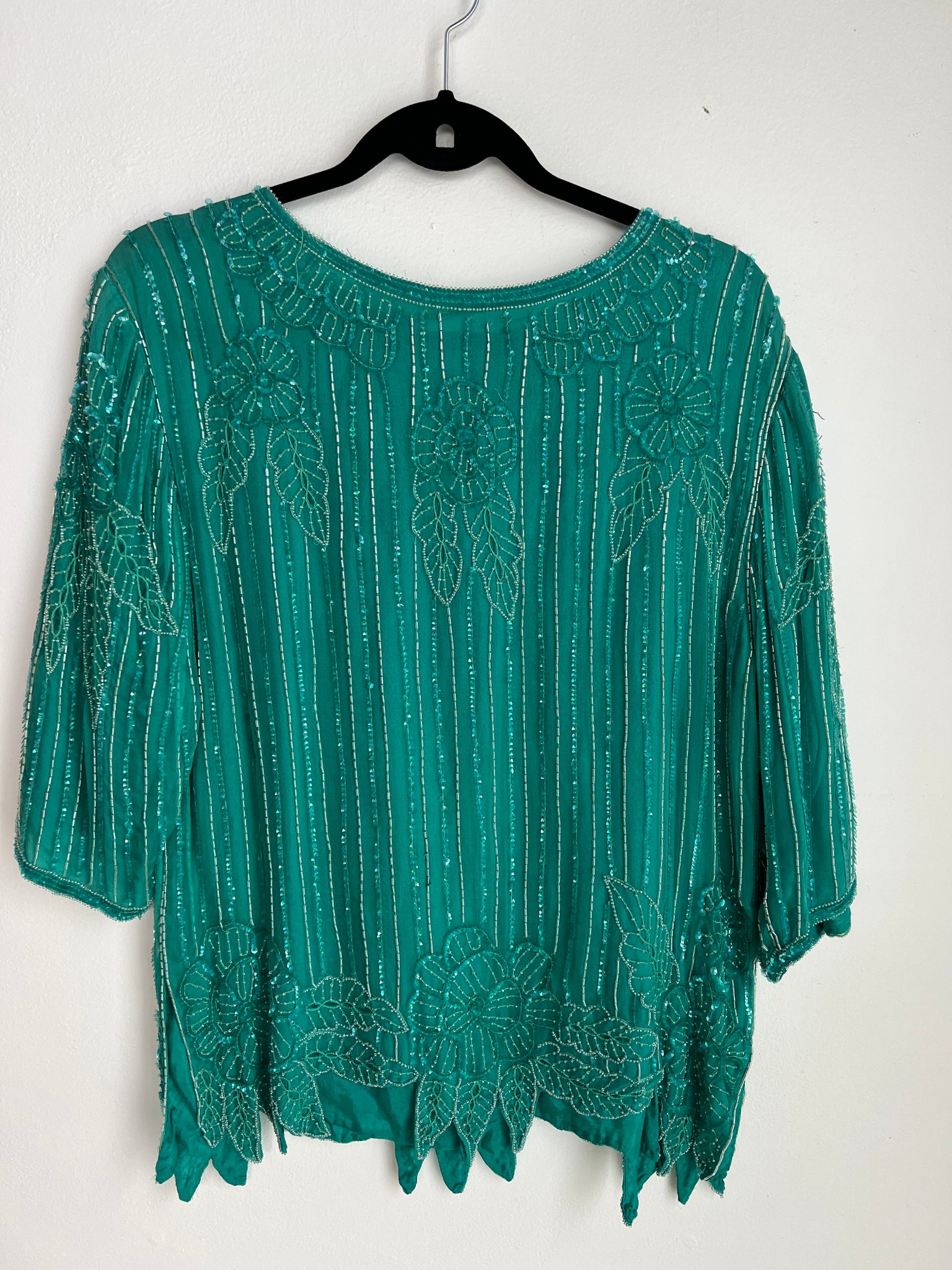 1980s TOP- green silk sequin top
