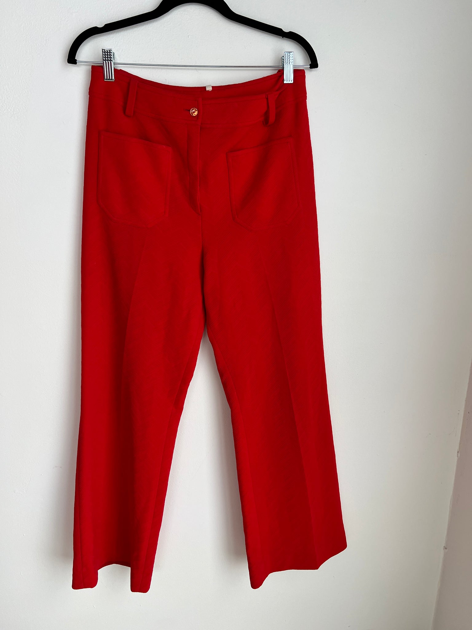 1970s PANTS- tomato red poly bell bottoms
