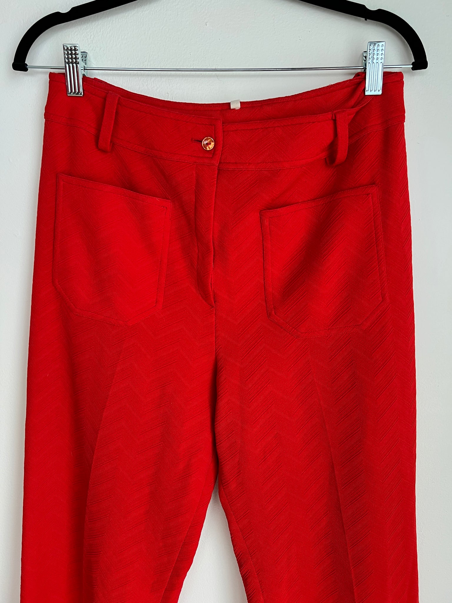 1970s PANTS- tomato red poly bell bottoms