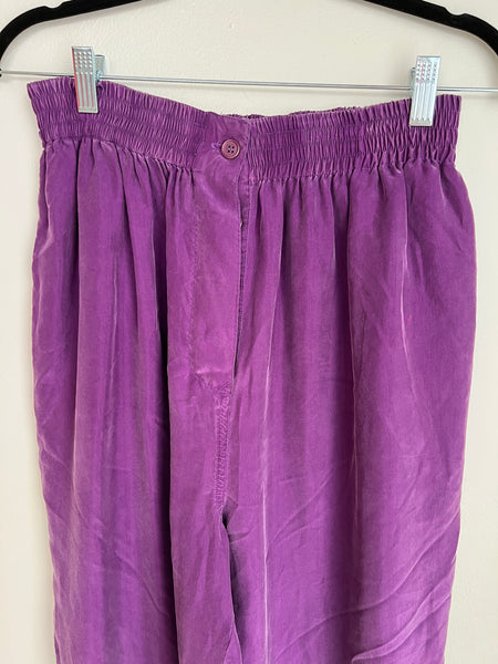 1980s PANTS- purple washed silk elastic waist