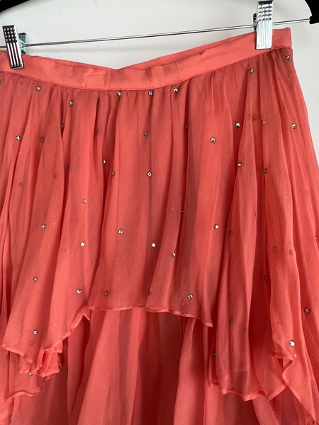 1960s SKIRT- peach silk chiffon tiered rhinestoned maxi