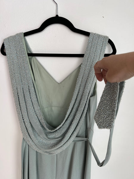 1990s DRESS- Sage green silk w/ sequin shawl back & belt