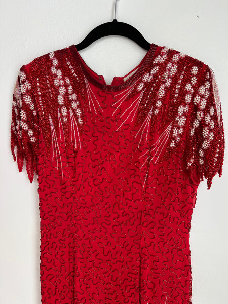 1980s DRESS- LaMonde Fashions red beaded asymetrical hem
