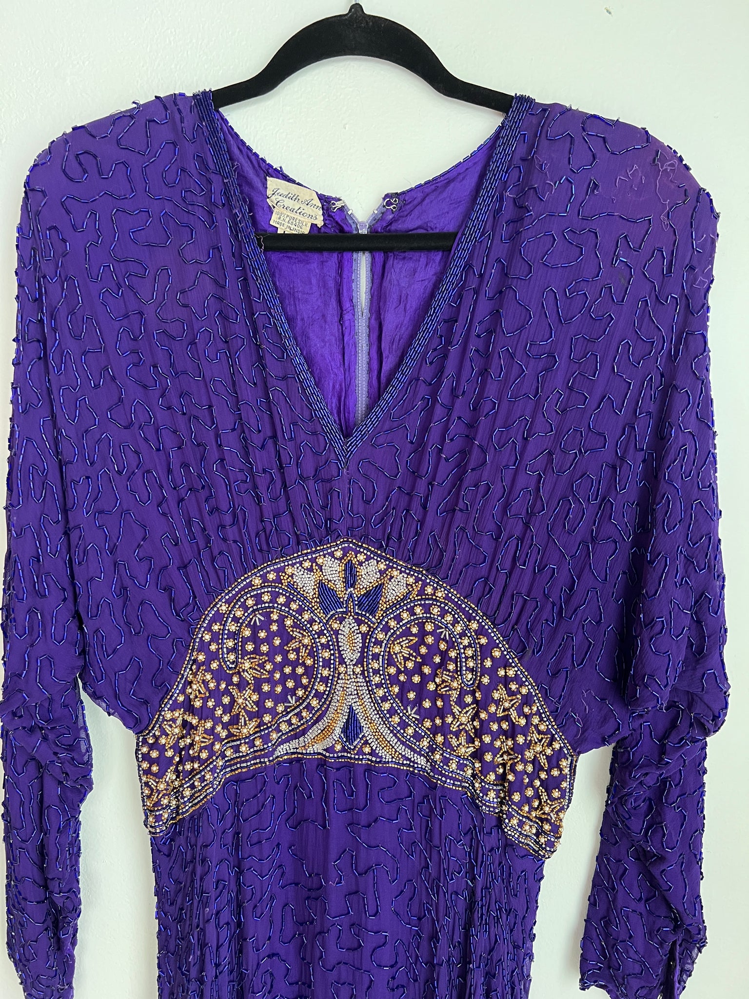 1980s DRESS- Judith Ann purple silk beaded