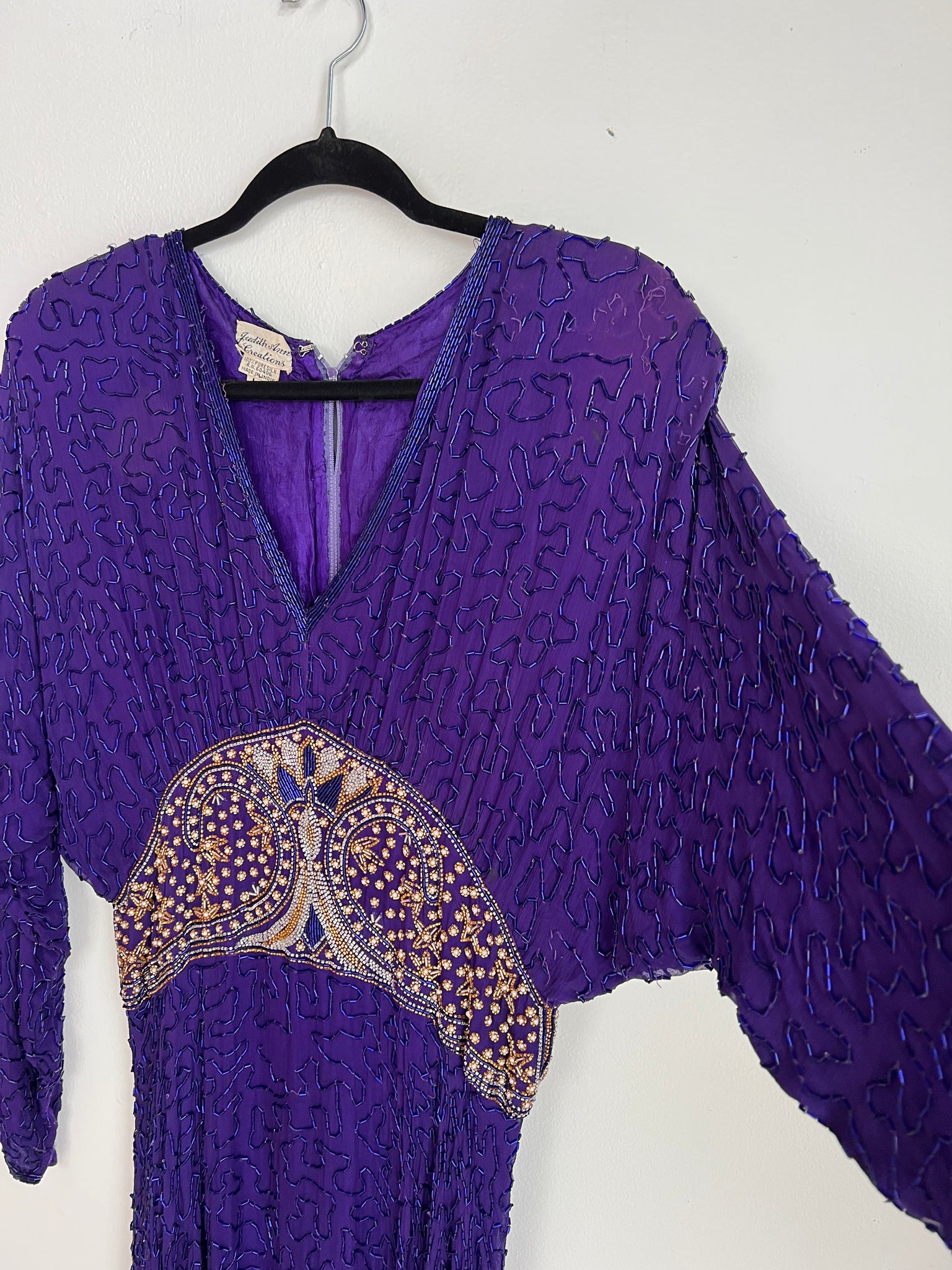 1980s DRESS- Judith Ann purple silk beaded