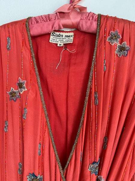 1960s DRESS- Sister Max orange silk beaded wrap