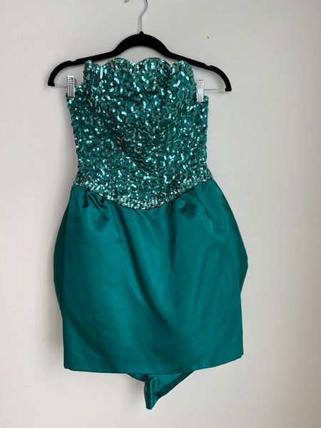 1980s DRESS- Mike Benet sequin strapless w/ bow back skirt