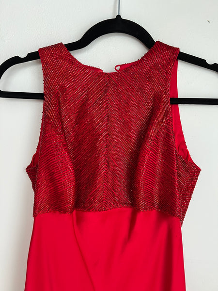 1990s DRESS- Carmen Marc Valvo red beaded satin gown