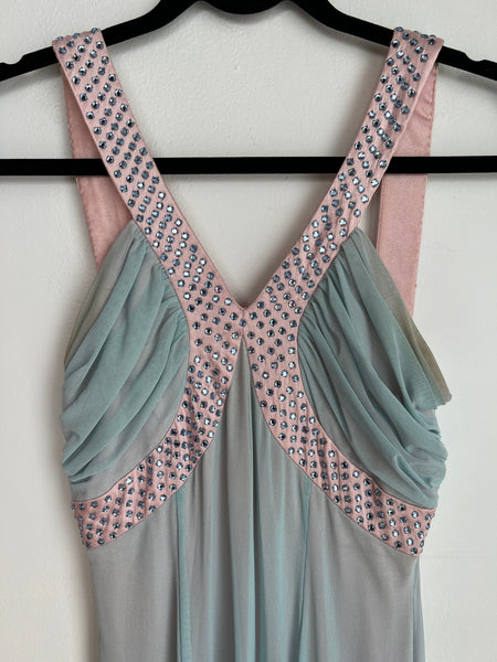 1990s DRESS- baby blue/ pink rhinestoned mesh gown