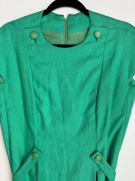 1960s DRESS- green linen split front mini