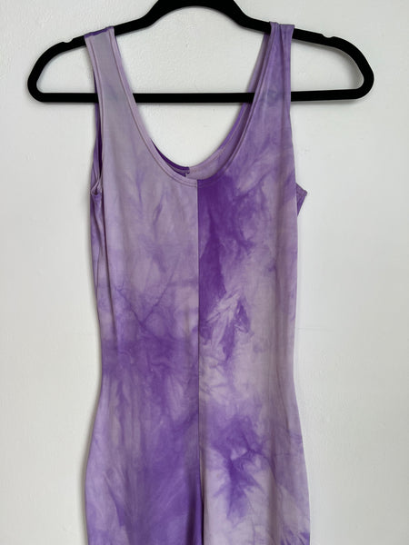 1970s DANCEWEAR- JUMPSUIT- purple tie dye bellbottom