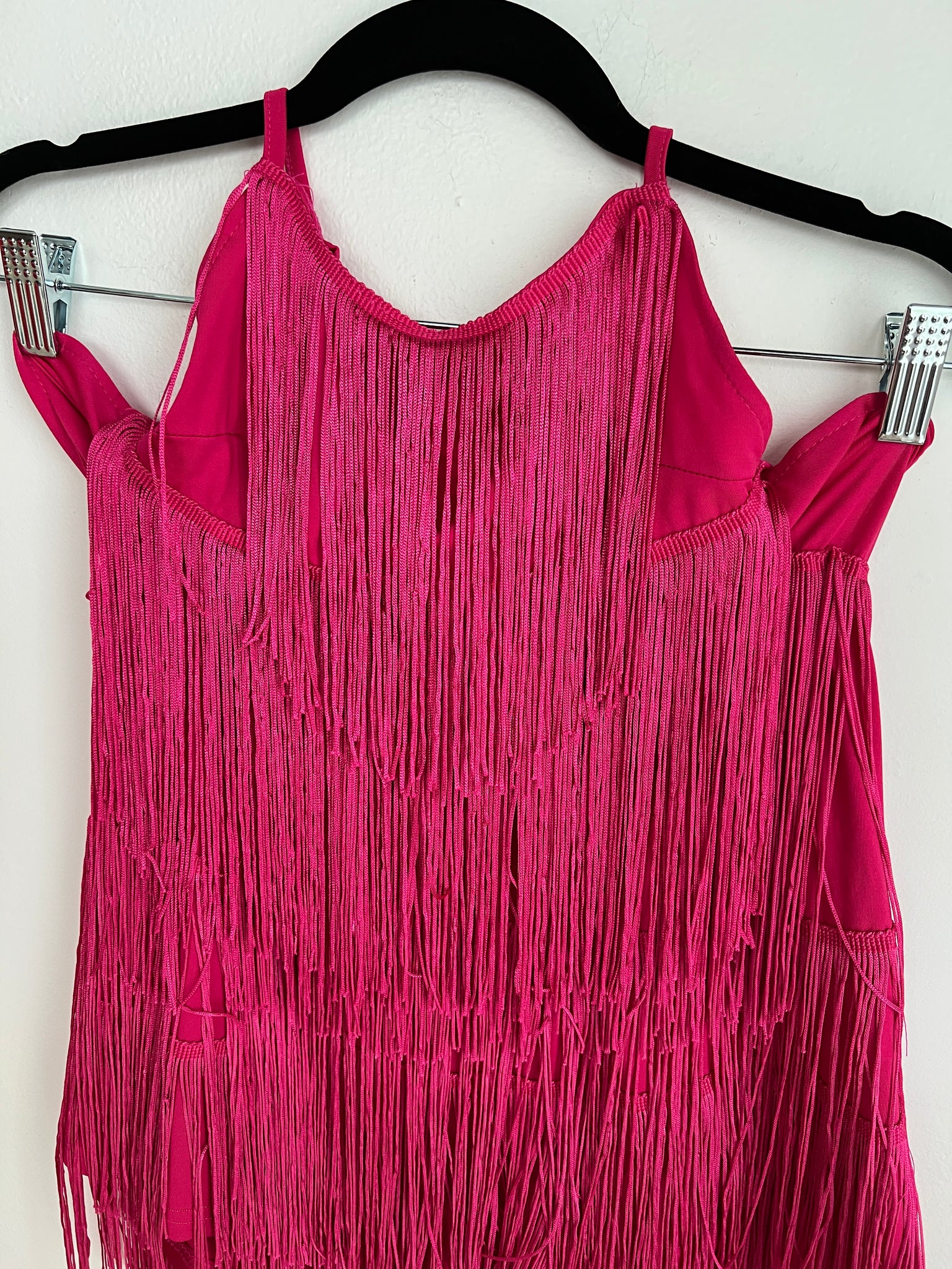 1980s DANCEWEAR- bodysuit- hot pink fringe halter shorts