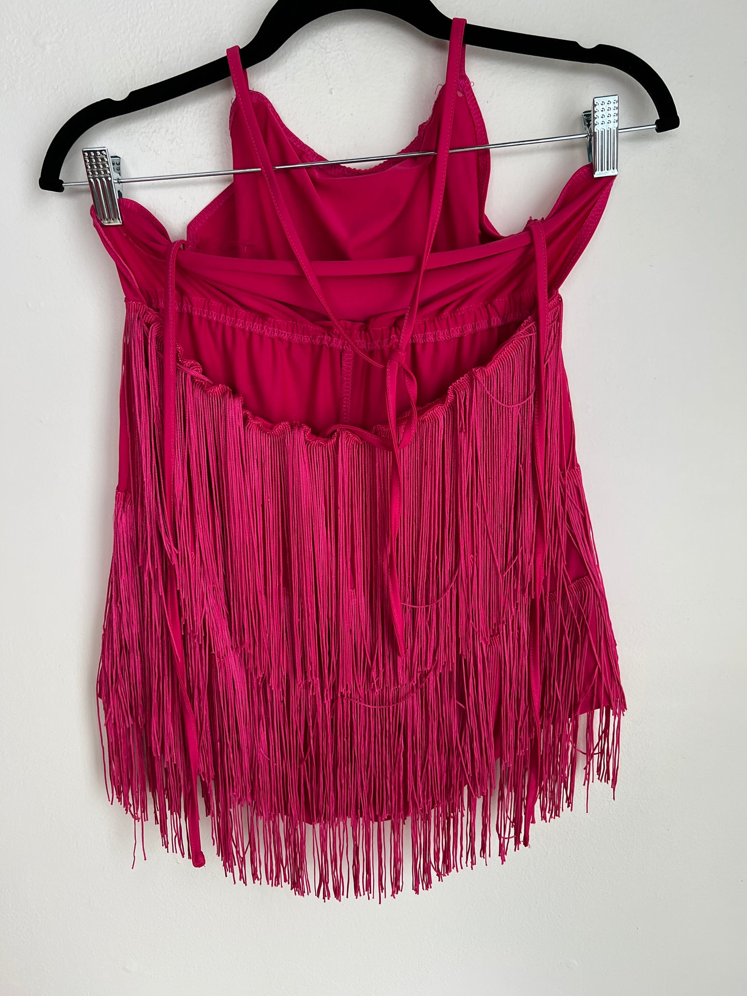 1980s DANCEWEAR- bodysuit- hot pink fringe halter shorts
