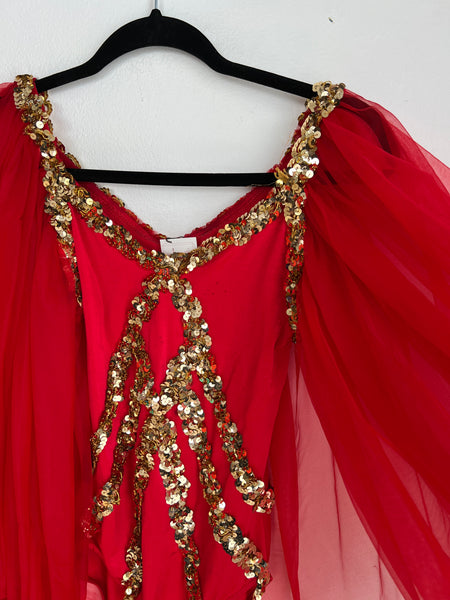 1960s DANCEWEAR- bodysuit- red /gold sequins w/ sheer sleeves