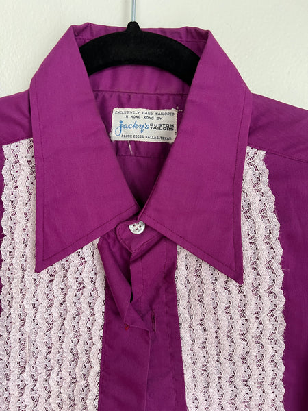 1970s MENS TOP- purple lace yolk tuxedo shirt