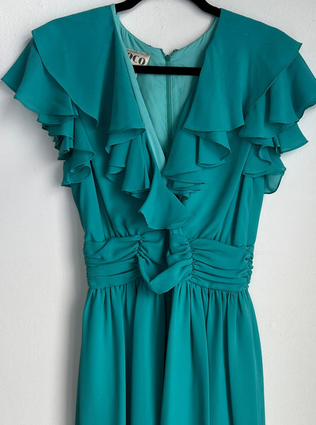 1980s DRESS- Coco of California teal ruffle dress