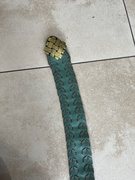 1980 ACCESSORIES- BELT- teal green wide leather gold buckle