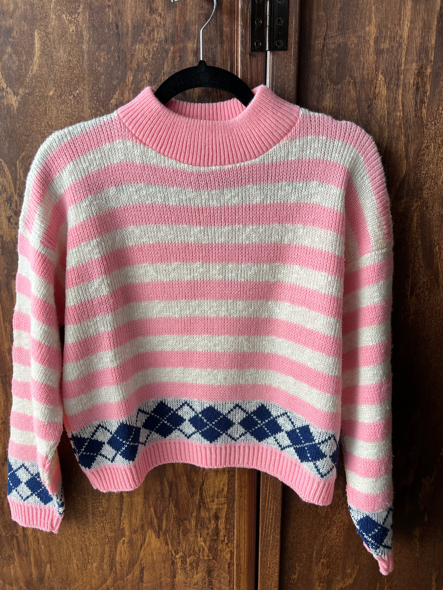 1980s SWEATER- Weathered Blues pink stripe w/ argyle