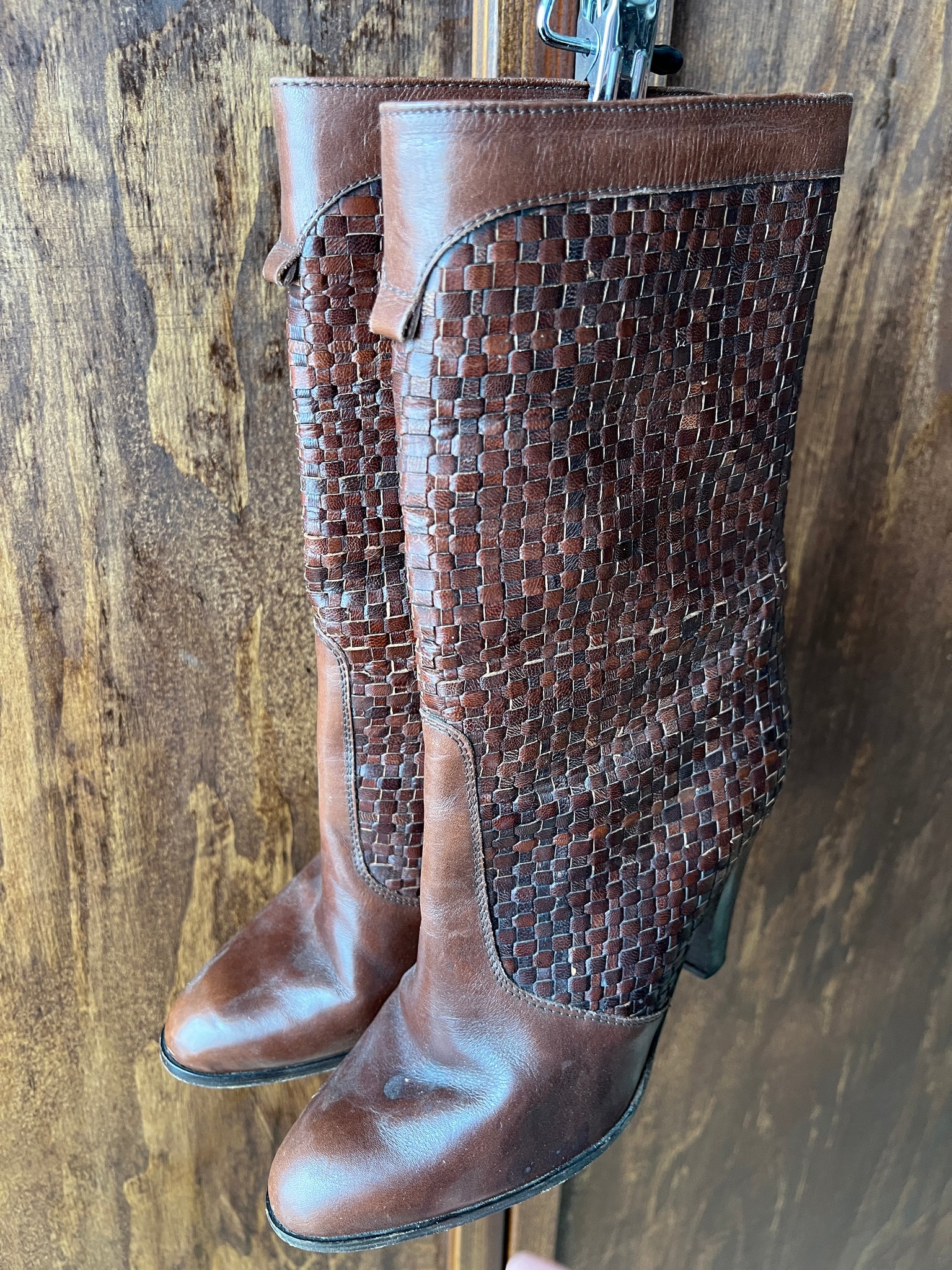 1980s SHOES-BOOTS- Brown woven leather heel