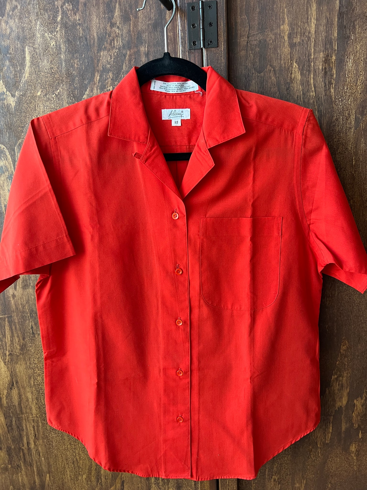 1980s TOP- Alicia red cotton/poly camp s/s