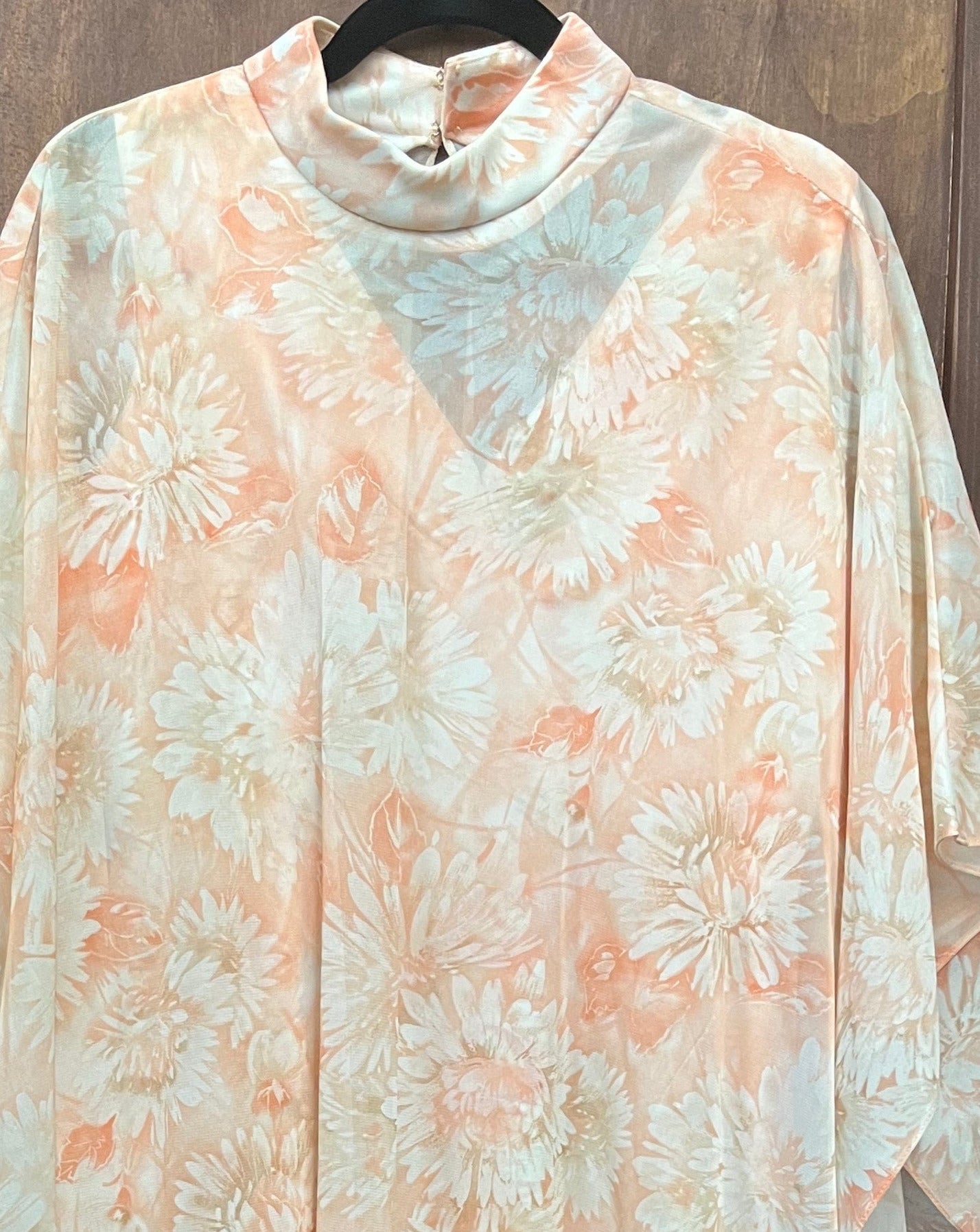 1960S 2 PIECE- peach floral maxi dress w/ sheer cape overlay