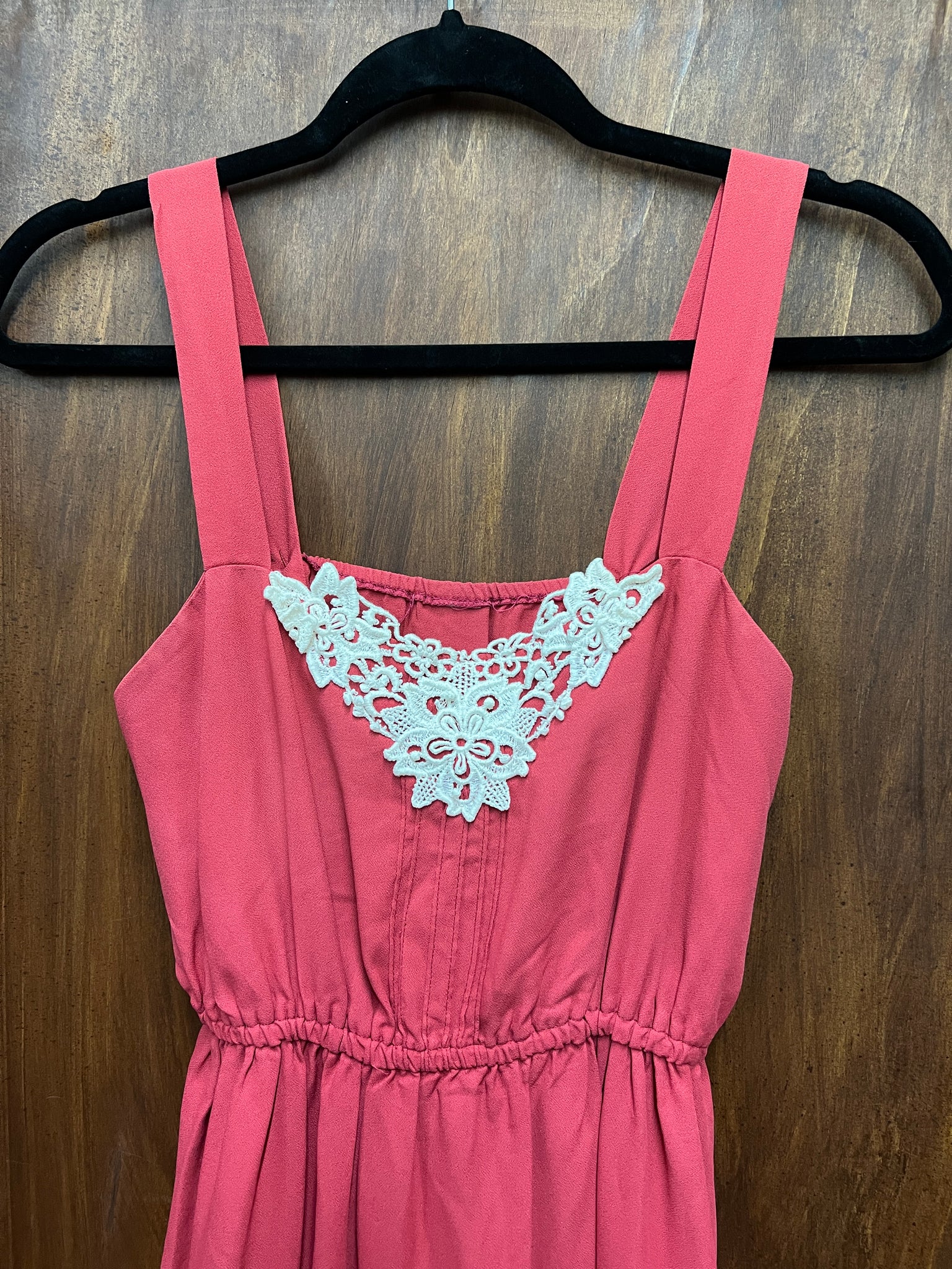 1970s DRESS- Coral pink disco dress w/ lace detail (as is)
