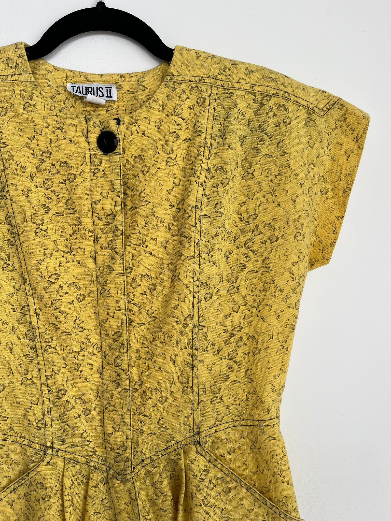1990s DRESS- Taurus II yellow linen look w/ floral print