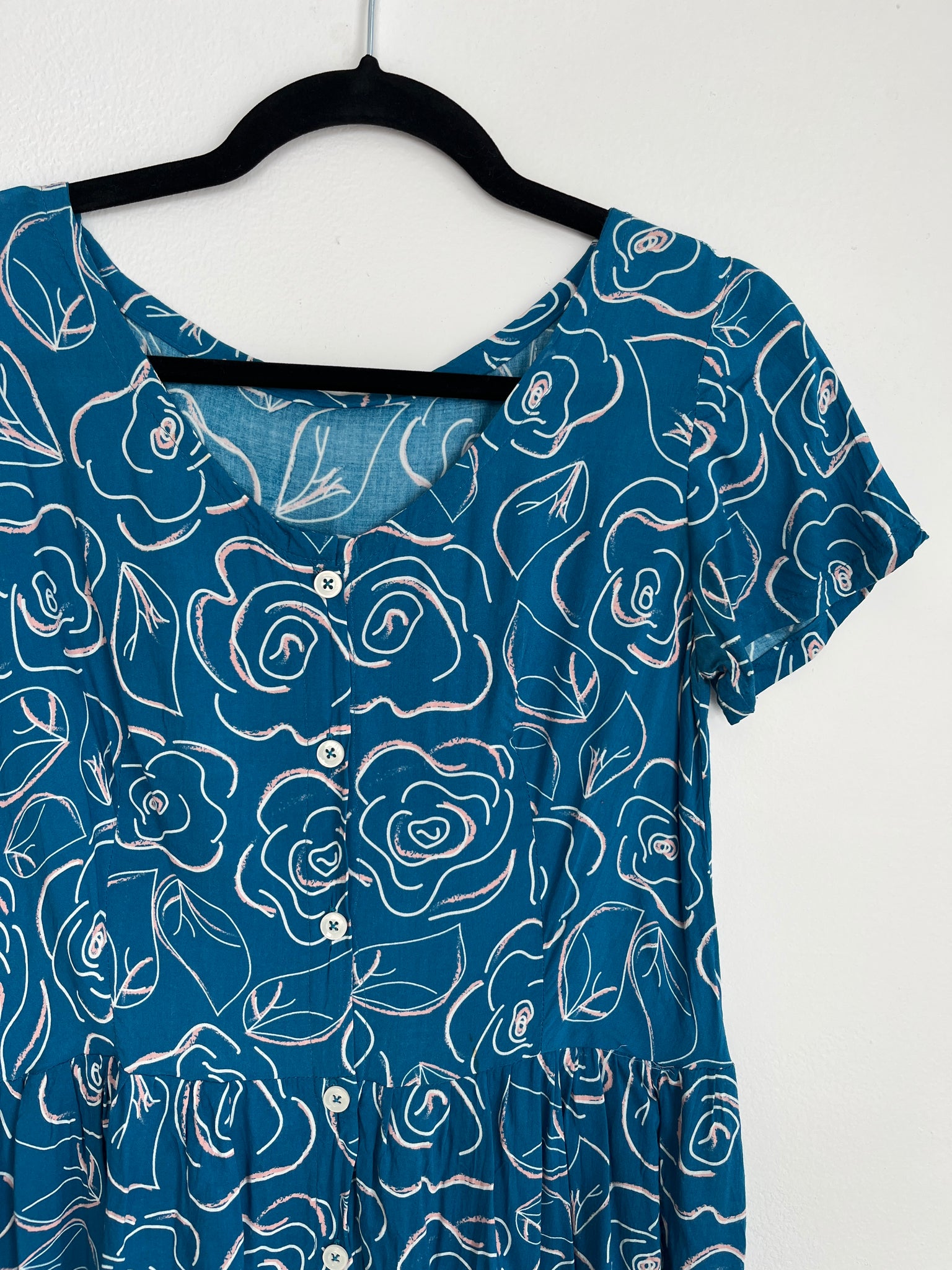 1990s DRESS- teal print rayon babydoll
