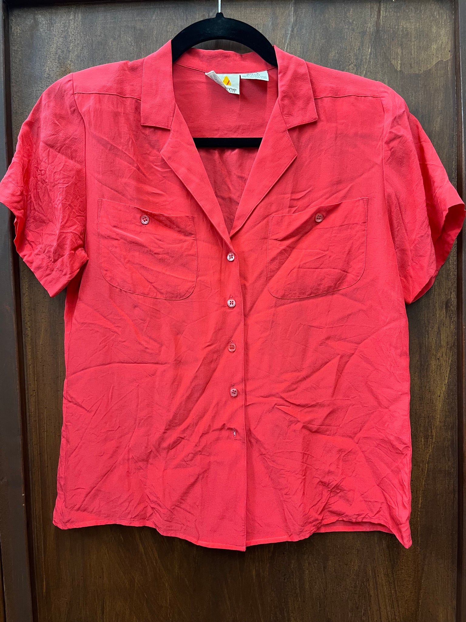 1990s TOPS- Liz Claiborne cherry red silk camp shirt