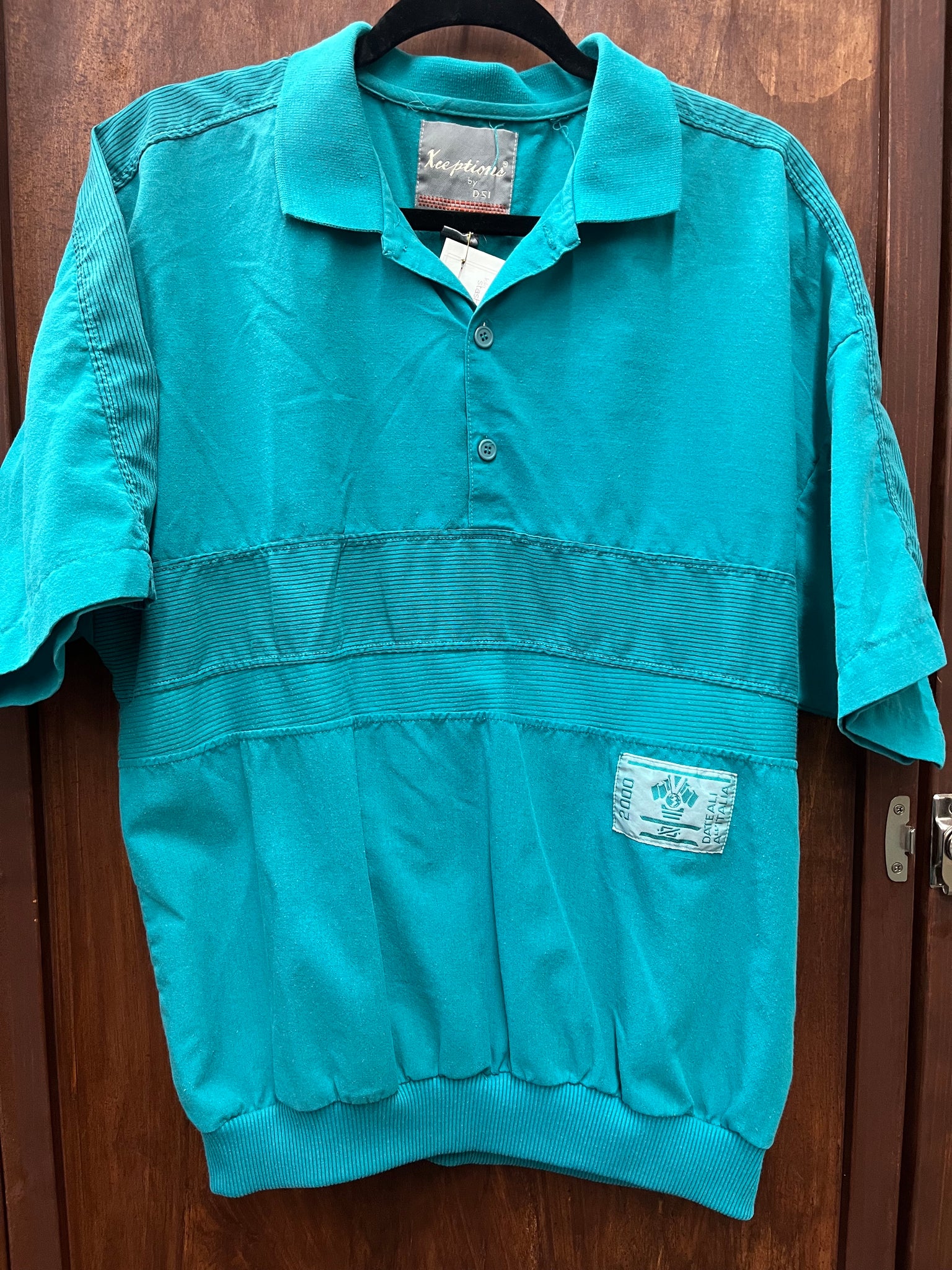 1990s MENS TOP- Keeptions teal banded polo