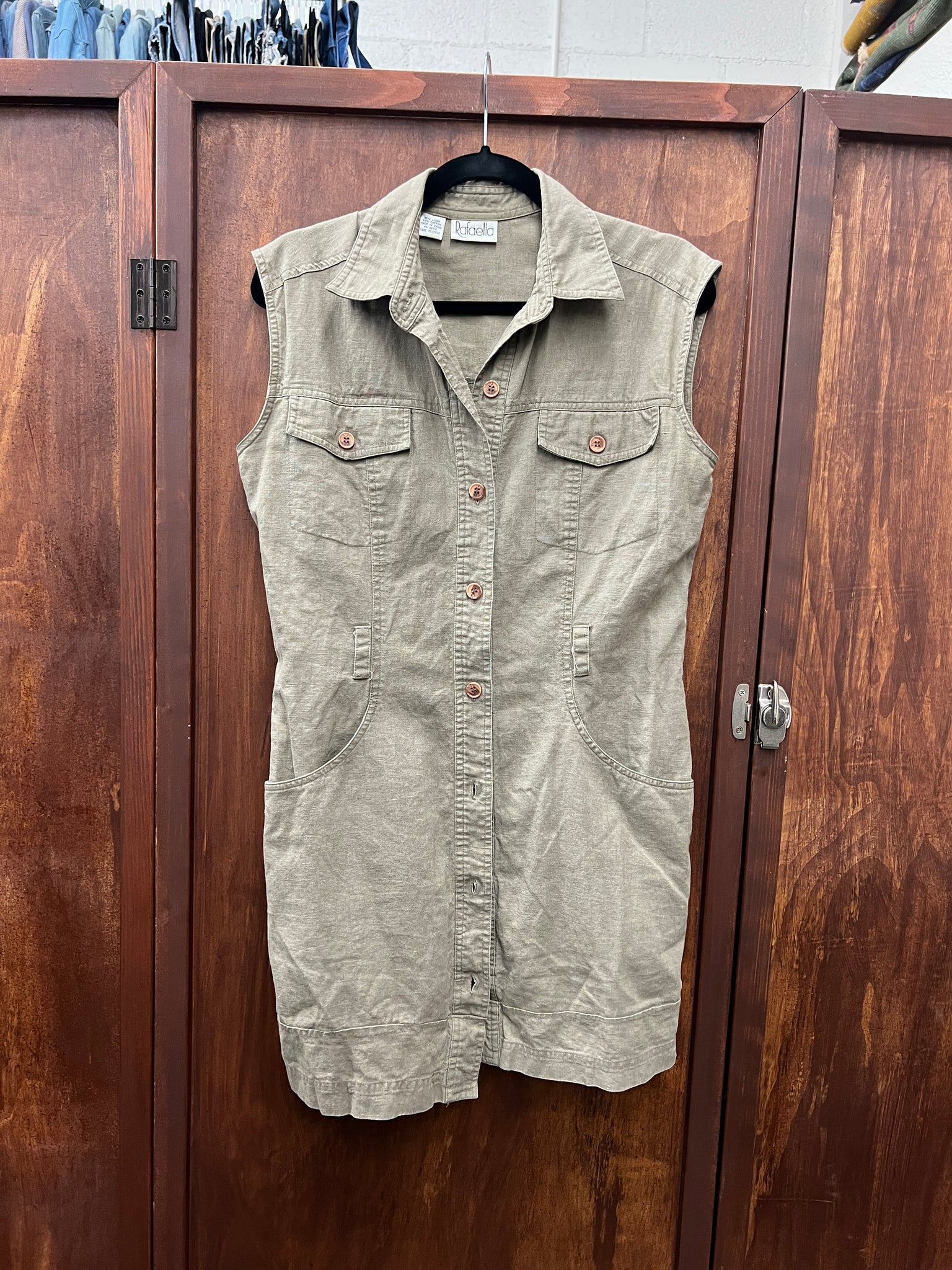 1990s- DRESS-Rafaella army green shirt dress sleeveless