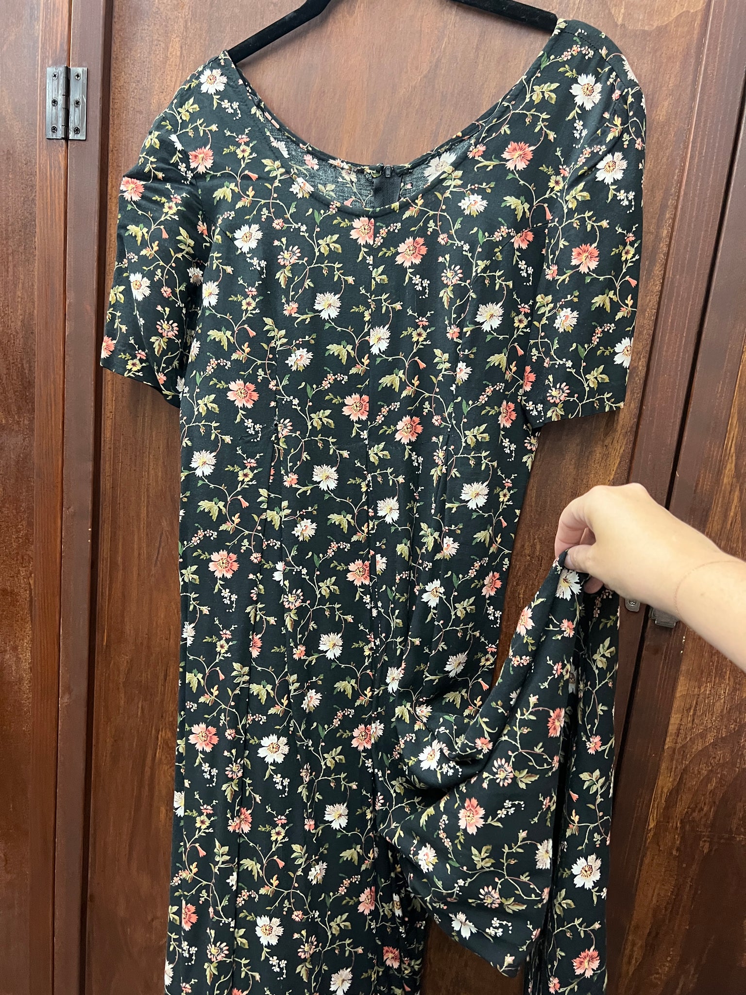 1990s- DRESS-JUMPSUIT- All That Jazz black floral rayon