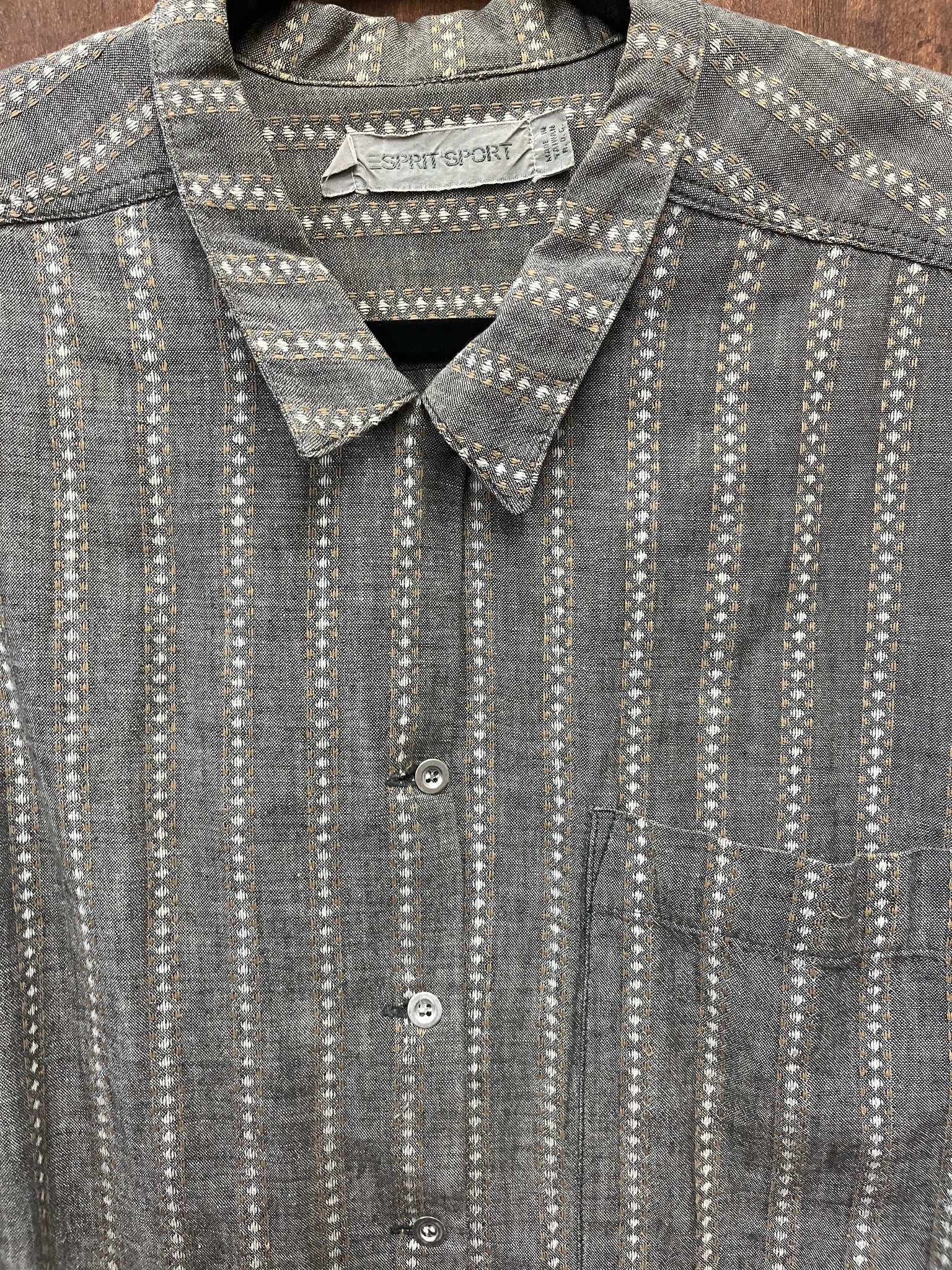 1990s TOPS- Esprit- Grey striped ticking l/s button up