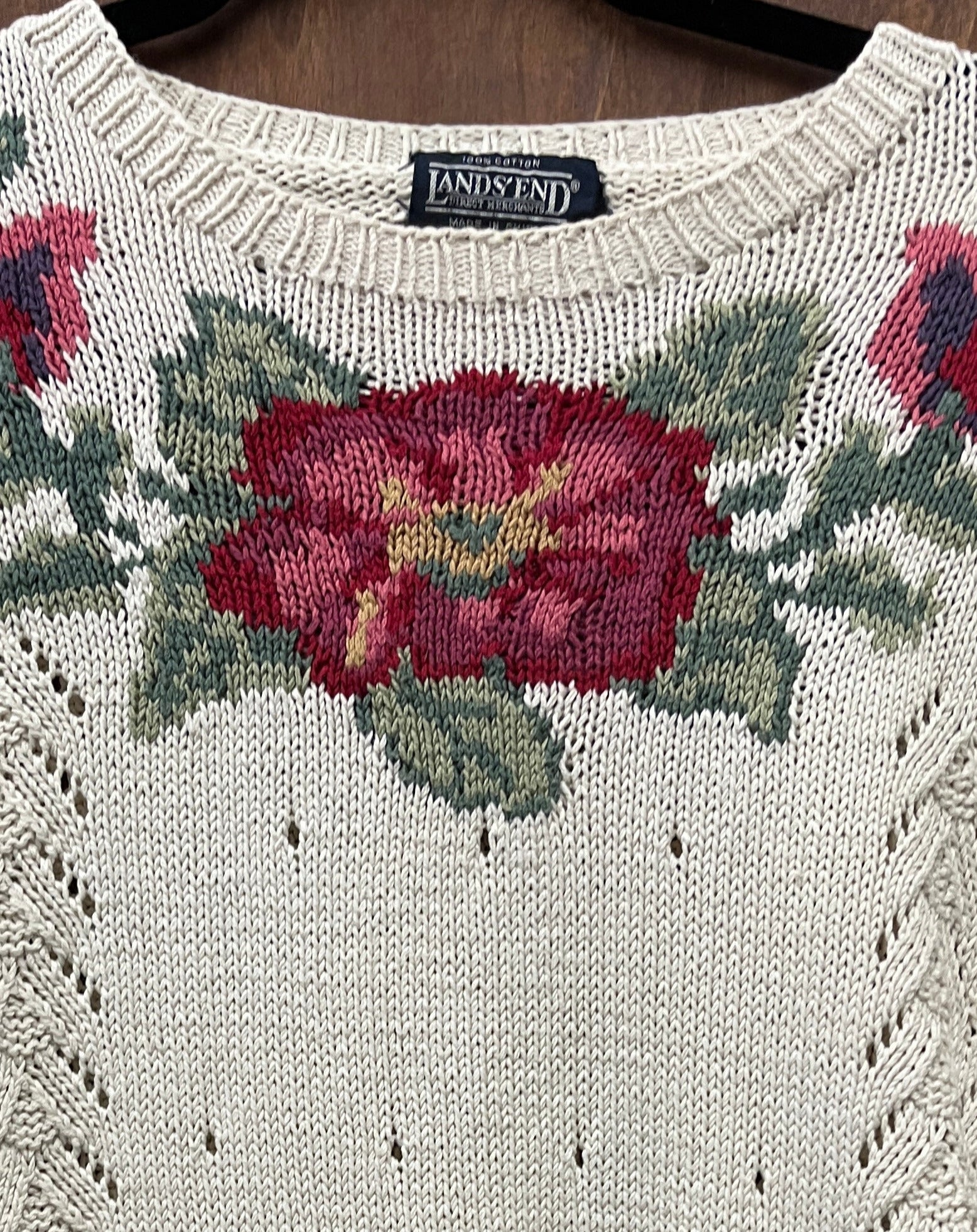 1990s SWEATER- Land's End- cream laced rose