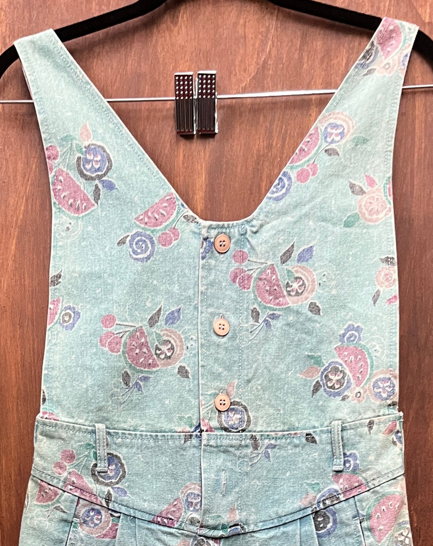 1990s PANTS-OVERALLS- blue green denim with fruit detail