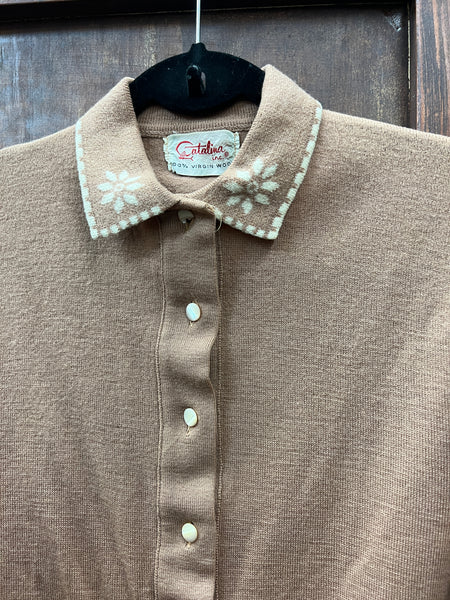 1950s SWEATER- Catalina camel cardigan w/ collar detail (AS IS)