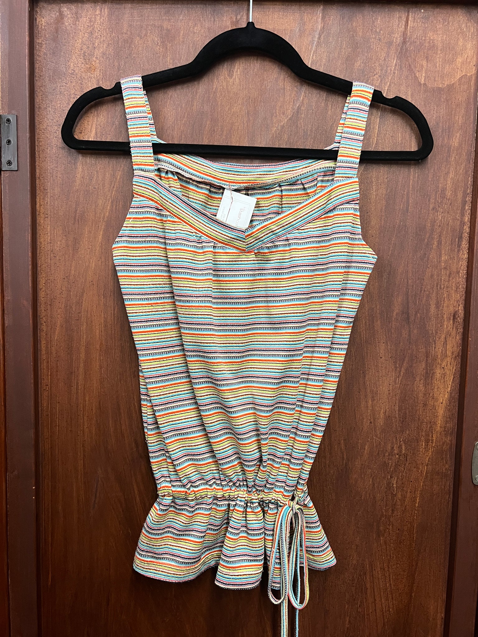 1970s TOP- orange/yellow multistripe tank top w/ waist tie