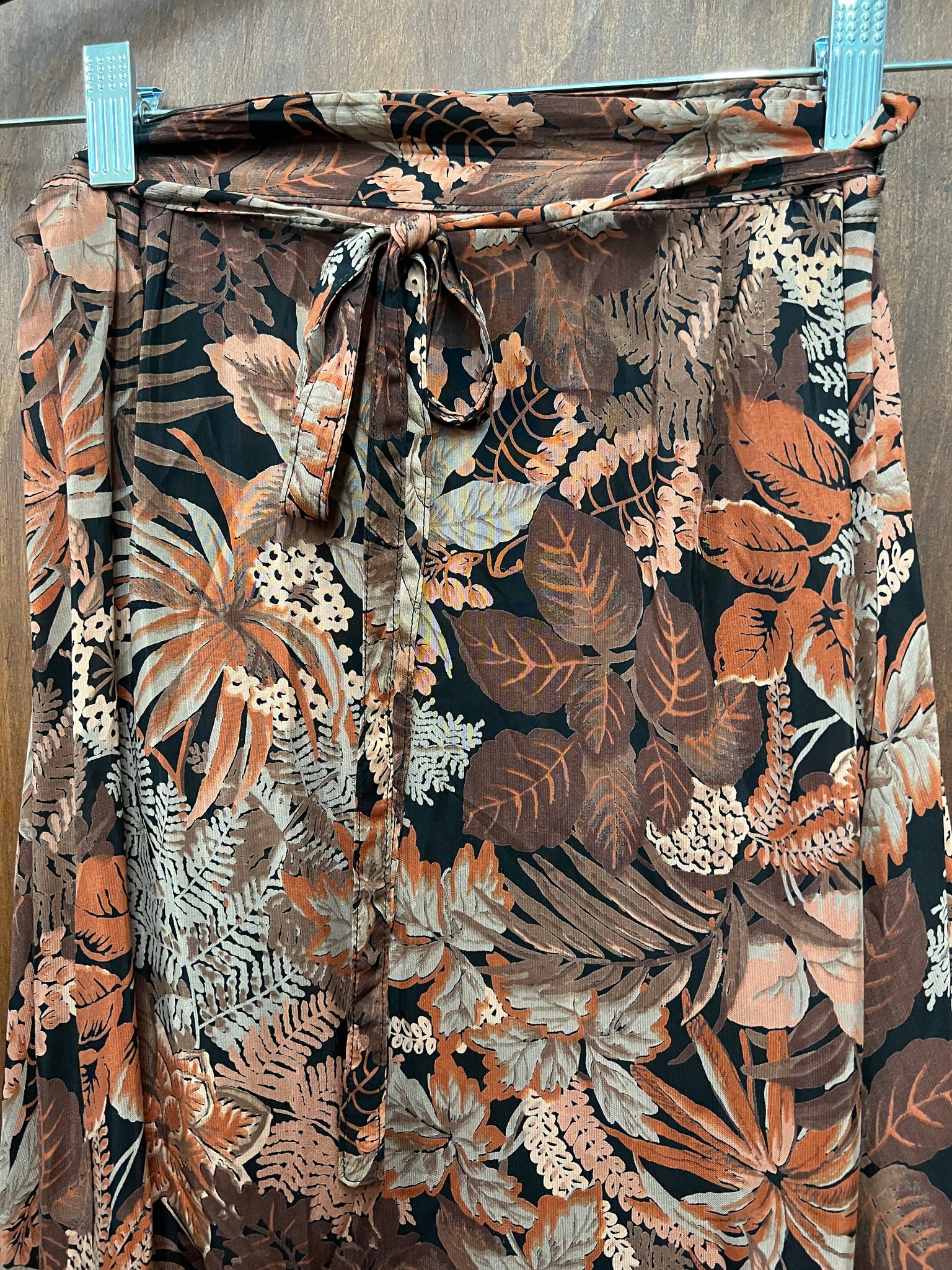 1970s SKIRT- Leo's Co brown silk tropical print wrap