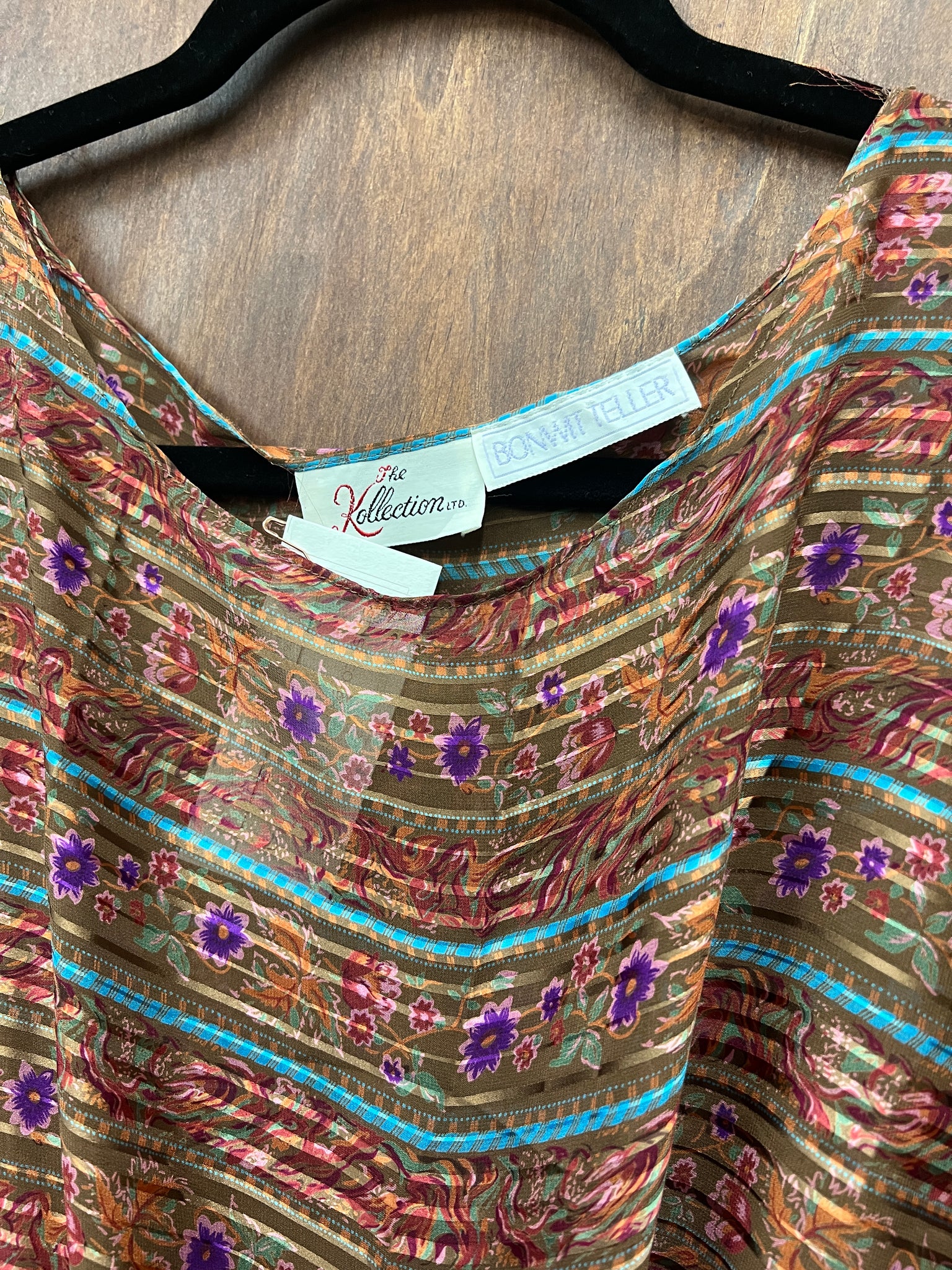 1970s DRESS-The Kollection sheer brown silk print angel sleeves w/belt