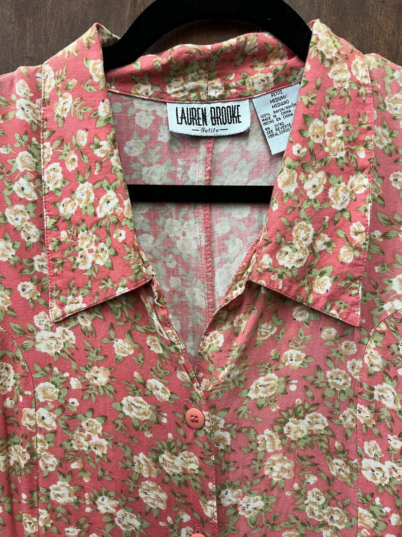 1990s DRESS- ROMPER- Lauren Brooke Coral rayon floral print