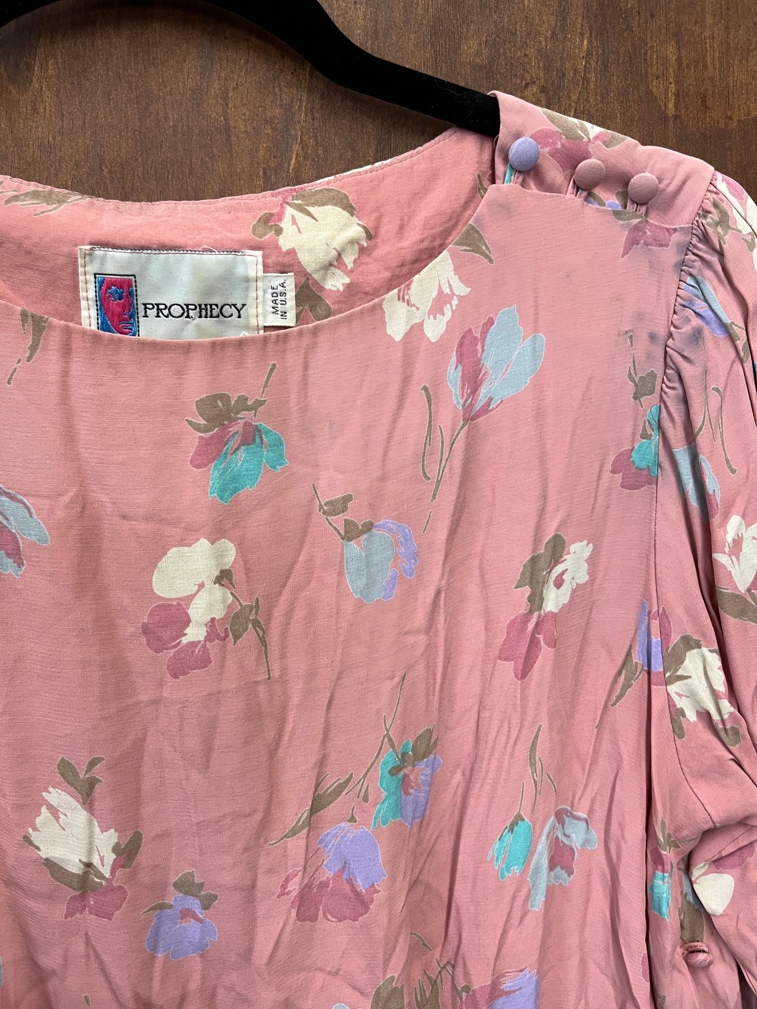 1990s TOP- Prophecy pink rayon floral banded waist