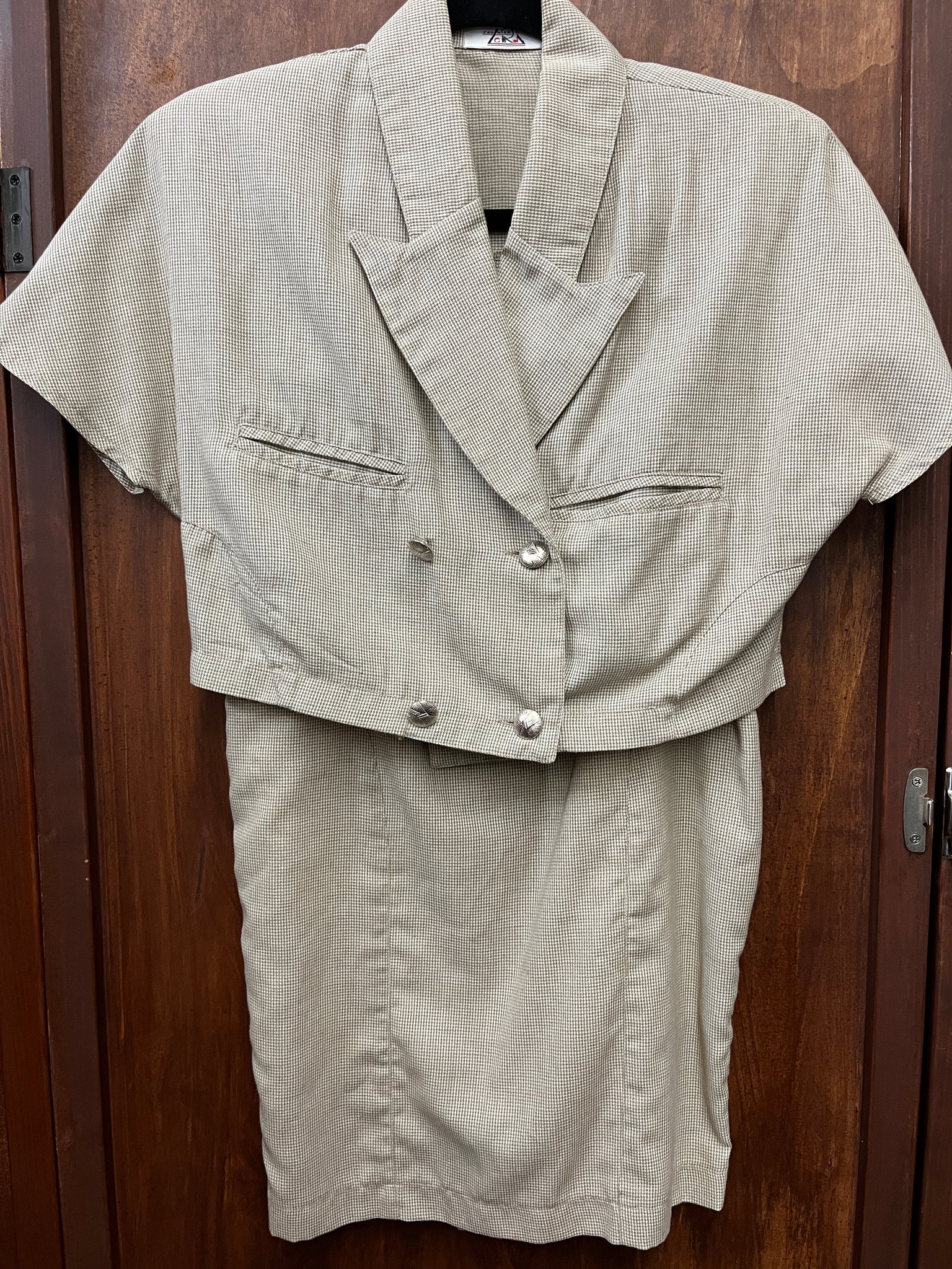 1990s 2 PIECE- SKIRT SET- brown micro houndstooth crop jacket/skirt